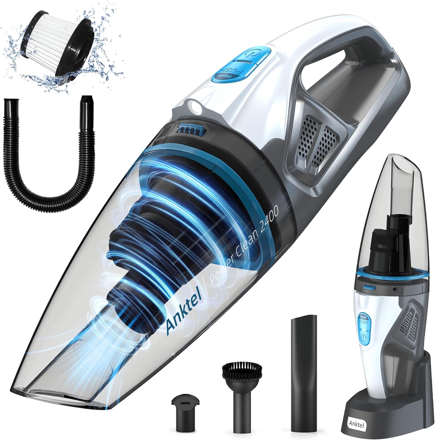 Handstaubsauger mit Ladestation& LED Beleuchtung -PowerClean 2400- Handstaubsauger Akku Kabellos Nass&Trocken Handsauger mit Waschbar HEPA-Filter Beutellos per Auto, Haus