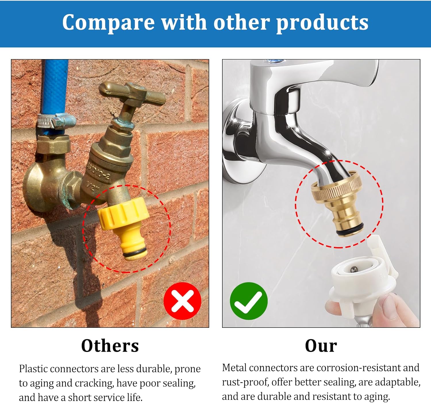 4 Stück Messing Schlauchanschluss 1/2 Zoll und 3/4 Zoll 2-in-1 Anschluss Gartenschlauch Anschluss Adapter Wasserhahn und Garten Schlauch Schlauchverbinder – Bild 5