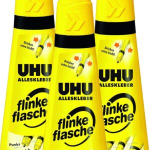 UHU Alleskleber flinke flasche, Glasklarer Alleskleber in der einzigartigen Flasche mit Drehklebekopf, 3 x 35 g