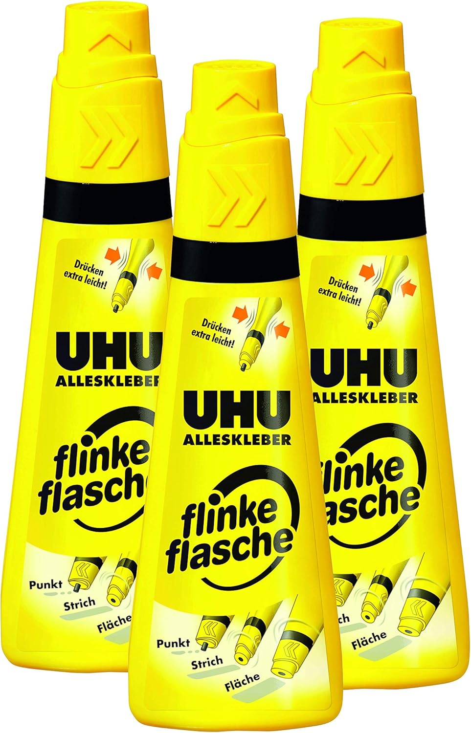 UHU Alleskleber flinke flasche, Glasklarer Alleskleber in der einzigartigen Flasche mit Drehklebekopf, 3 x 35 g