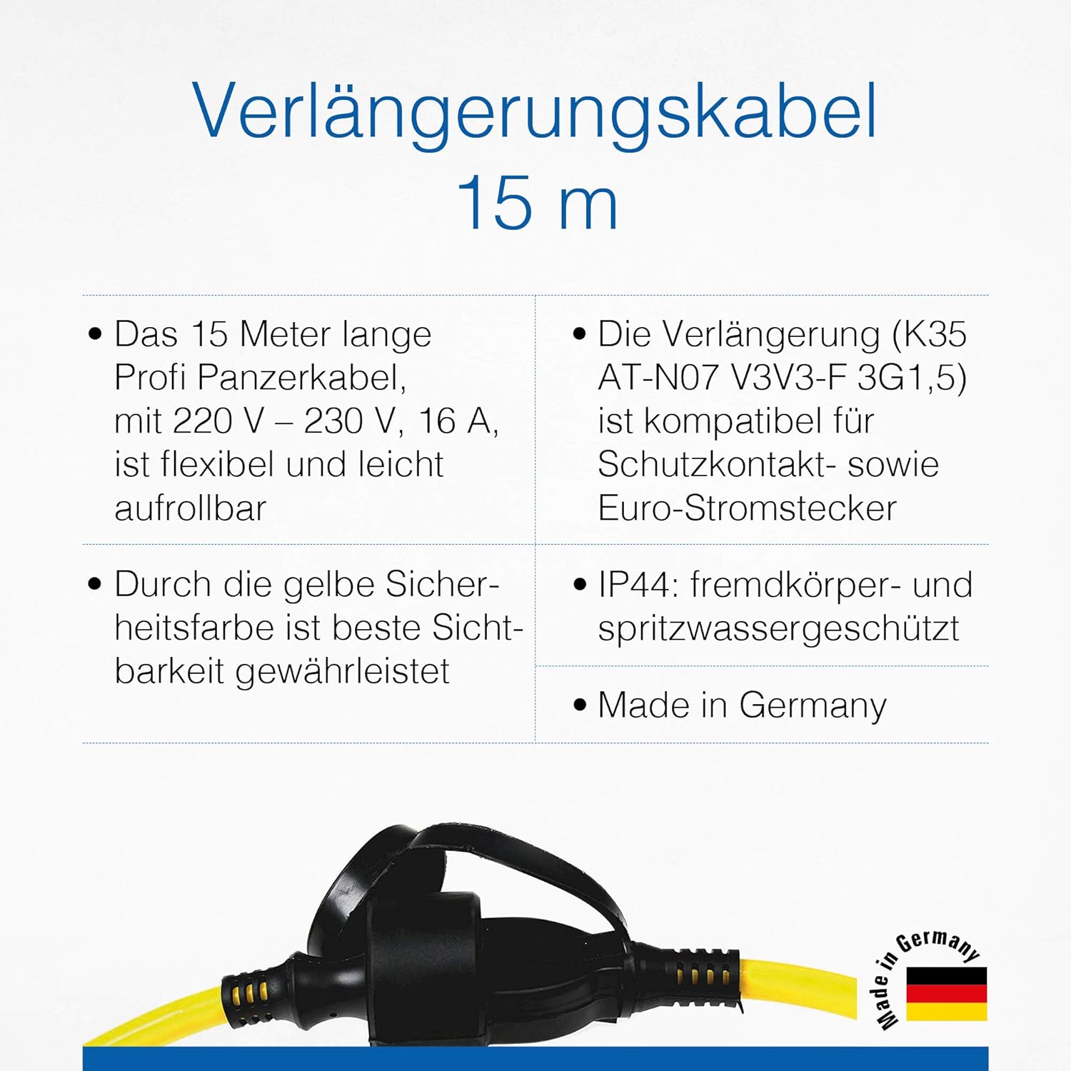 as - Schwabe Verlängerungskabel 15 m – 230 V, 16 A Schutzkontaktstecker – Outdoor Stromverlängerungskabel – Verlängerung für Außenbereich – K35 AT-N07V3V3-F 3G1,5 - IP44 - Made in Germany, Gelb, 60353 – Bild 3