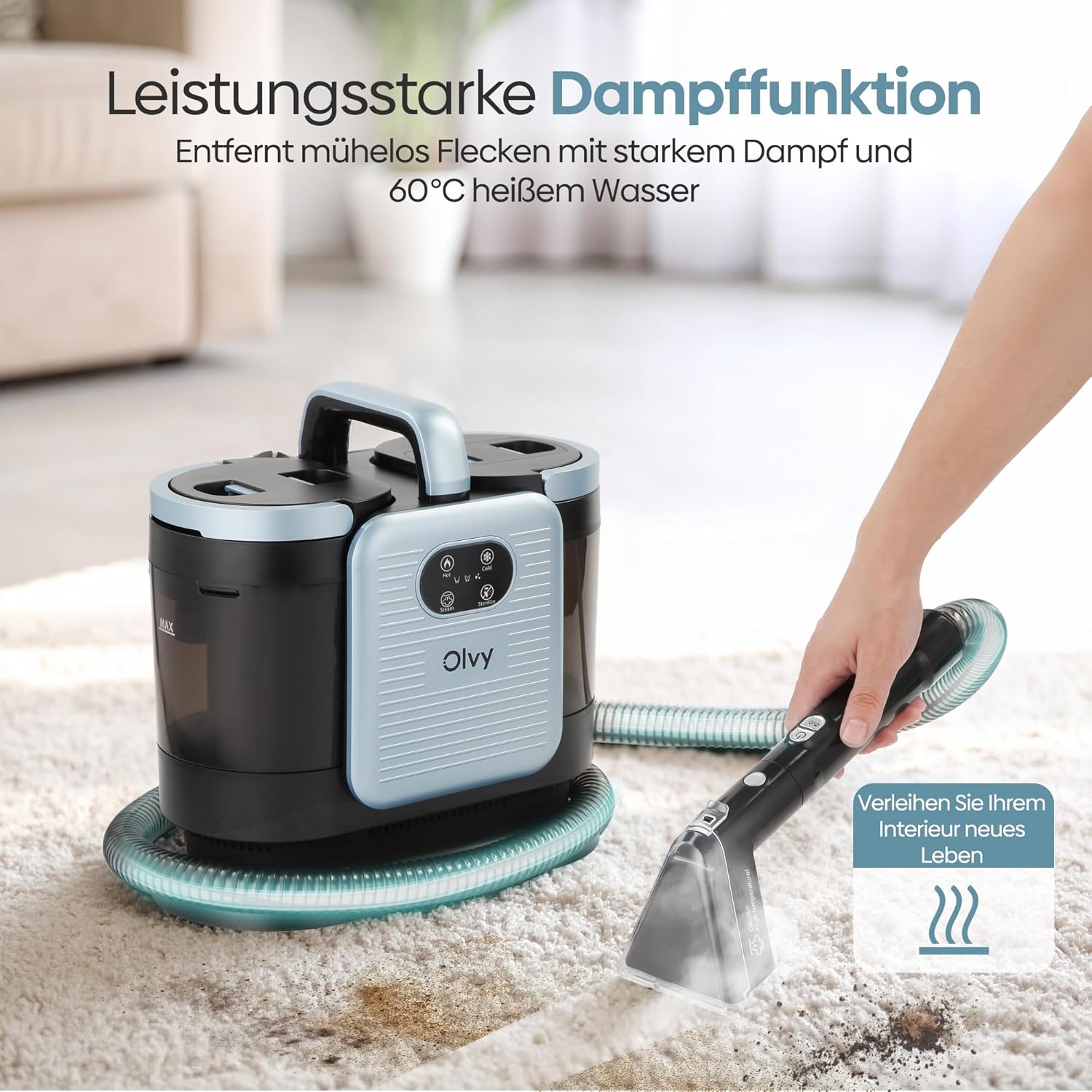 Olvy Teppichreiniger PRO – Nasssauger Polsterreiniger mit Dampf – 100°C Steam Cleaner – Sofa Reiniger Gerät – Polster Sauger Nass – inkl. Reinigungsmittel – 1650W – Matratzenreiniger – Bild 4