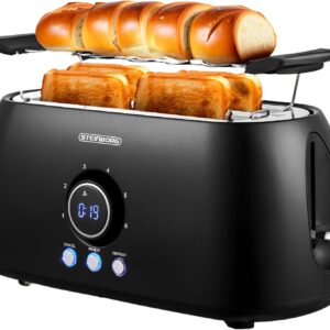 XXL Toaster 4 Scheiben mit Brötchenaufsatz | Toaster Schwarz | Digitales Display | Toastautomat | Automatische Abschaltung | Langschlitztoaster