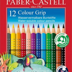 Faber-Castell 112412 Colour Grip Buntstifte für Kinder, 12er-Buntstifte-Set, Malstifte mit Grip und dreieckigem Schaft, wasserlöslichen Pigmenten, leicht auswaschbar und bruchsicher, Schulsachen