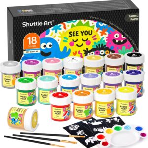 Shuttle Art Textilfarben Waschmaschinenfest 18x20ml Set | waschfest Stoffmalfarben inkl. Gold & Silber, 3 Pinsel & 12 Vorlagen| Für T-Shirt, Jeans & Stoffe | Zum Malen auf dunklen und hellen Stoffen
