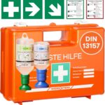 Erste Hilfe Kasten DIN 13157:2021 I Inkl. Augenspülflasche 200ml & 500ml, praktischer Wandhalterung, 5x Aufkleber & Plombe I Erste Hilfe Koffer für Betriebe, Einrichtungen & Zuhause I Verbandskasten
