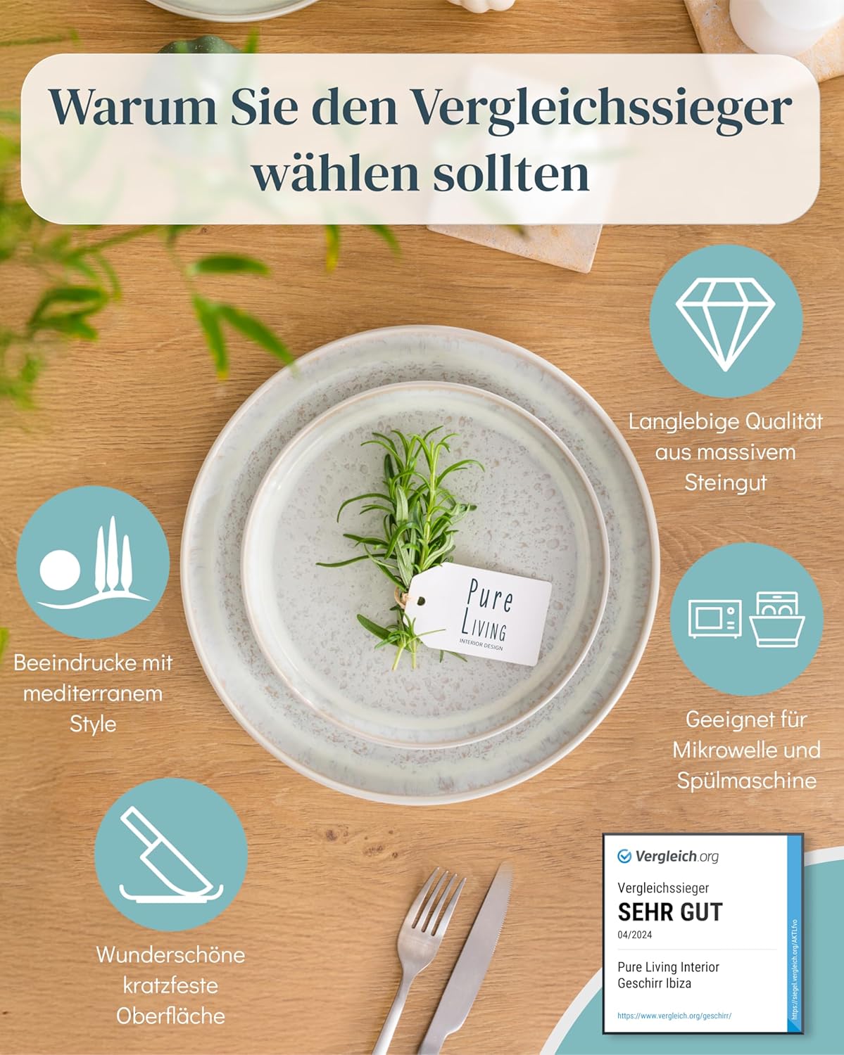 Steingut Geschirrset 6 Personen Ibiza 24 tlg. TESTSIEGER, Traumhaftes Mediterranes Steingut Geschirr Set, Schüssel- und Teller Set, Tafelservice 6 Personen, Geschirrsets Pure Living in Beige – Bild 2