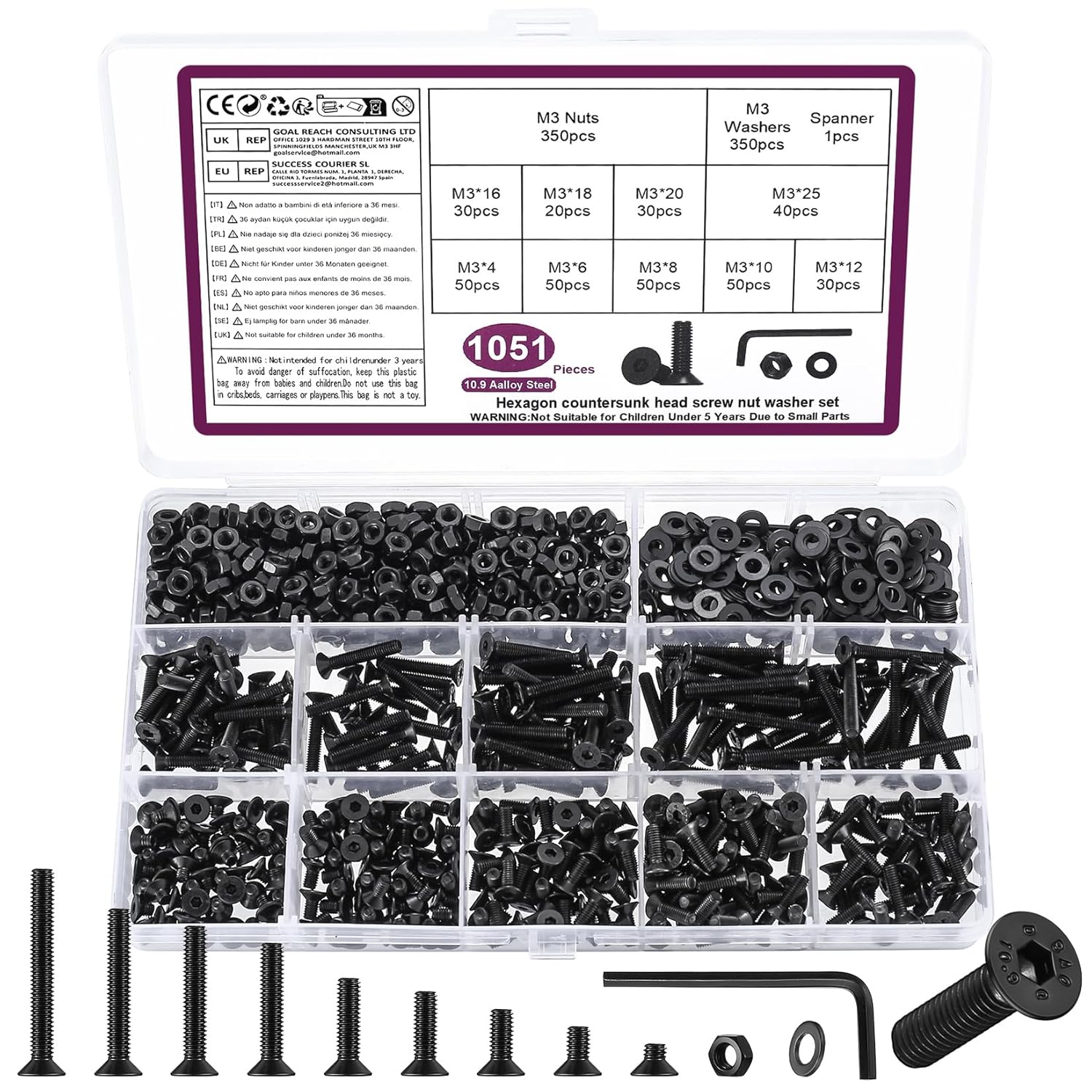 1051 Stück M3 Schrauben Set, M3 Senkkopfschrauben Set, Flachkopf Innensechskantschrauben Muttern Set, Maschinenschrauben mit Muttern und Unterlegscheiben Set Schwarz, Gewindeschrauben und Muttern Set