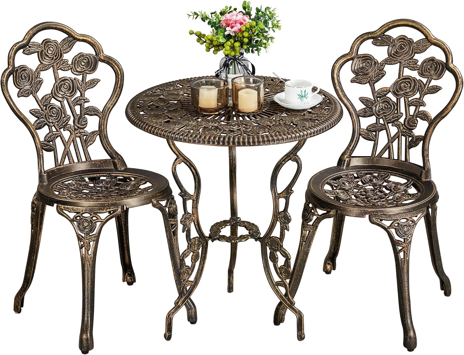 Yaheetech 3tlg. Bistro Set Balkonset Gartenset mit Stühlen, Zwei Sitzhocker Gartenmöbel im antiken Stil Aluguss Bronze