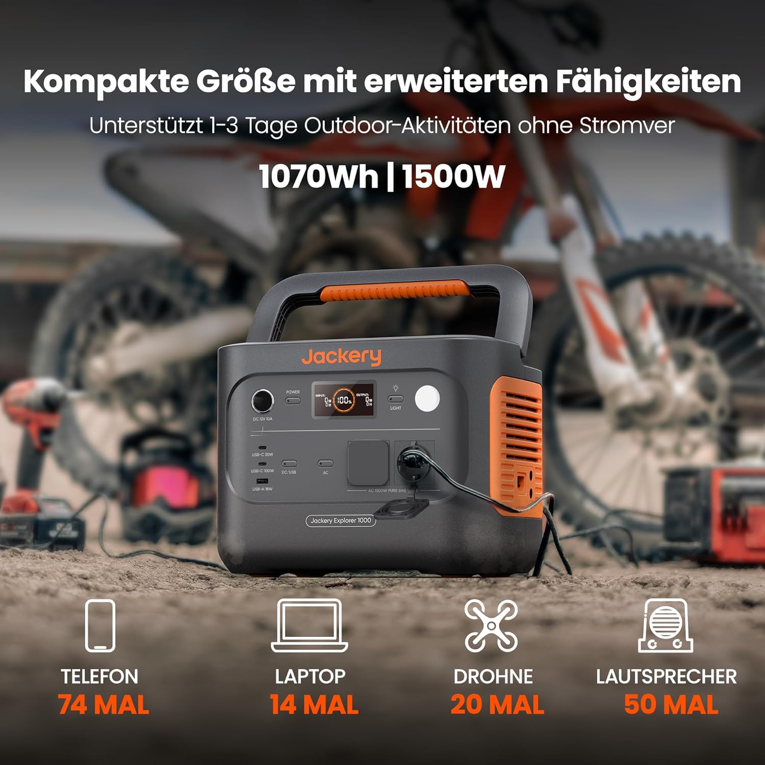 Jackery Explorer 1000 v2 Tragbare Powerstation,1070Wh LiFePO4 Solargenerator,1500W AC/100W USB-C Ausgang, 1 Std. Schnellladung, LFP Powerstation für Outdoor Camping, Wohnmobil, Notfall – Bild 2
