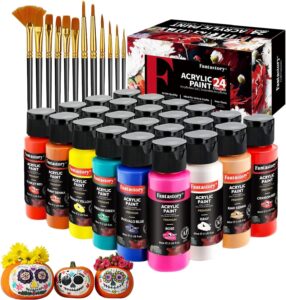 Fantastory Acrylfarben Set 24x 60ml,12 Pinsel;Exzellente Deckkraft,hohe Lichtechtheit,wasserfest Acrylic Paint;für Leinwand,Holz,Keramik,Modelle;Künstler,Profis,Anfänger[ProfessionelleSerie]