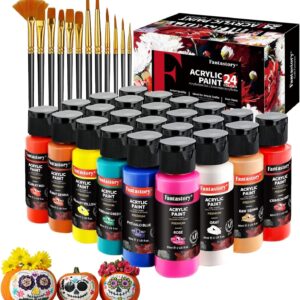 Fantastory Acrylfarben Set 24x 60ml,12 Pinsel;Exzellente Deckkraft,hohe Lichtechtheit,wasserfest Acrylic Paint;für Leinwand,Holz,Keramik,Modelle;Künstler,Profis,Anfänger[ProfessionelleSerie]