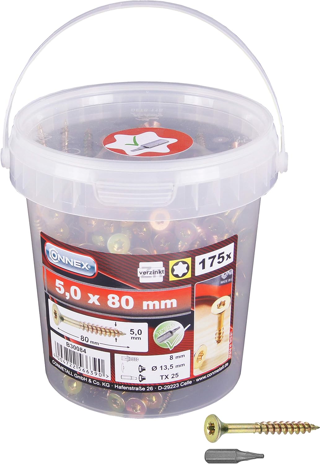 Connex Universalschrauben 4,0 x 40 mm - 500 Stück im Set - Senkkopf - TX-Antrieb - Teilgewinde - Gelb verzinkt - Inkl. Bit / Schrauben-Set / Schrauben-Eimer / B30081 – Bild 4
