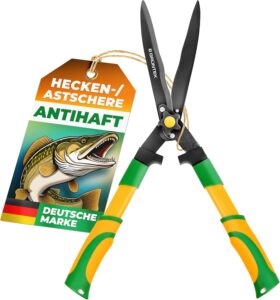 GRÜNTEK HECHT Heckenschere 560mm – Gartenschere Bypass mit SK5-Klinge aus Kohlenstoffstahl, Präzisionsklinge 320mm Wellenschliff, Teflonbeschichtet, Ergonomisch mit Gummigriffen, Stoßdämpfer