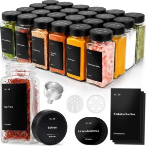 Gewürzgläser Eckig Set mit Schwarzem Deckel (24 x 120ml) Gewürzstreuer mit Streueinsatz und 240 Etiketten Schwarz - Gewürzbehälter, Gewürzdosen, Gewürze organizer [10,5cm x 4,5cm]