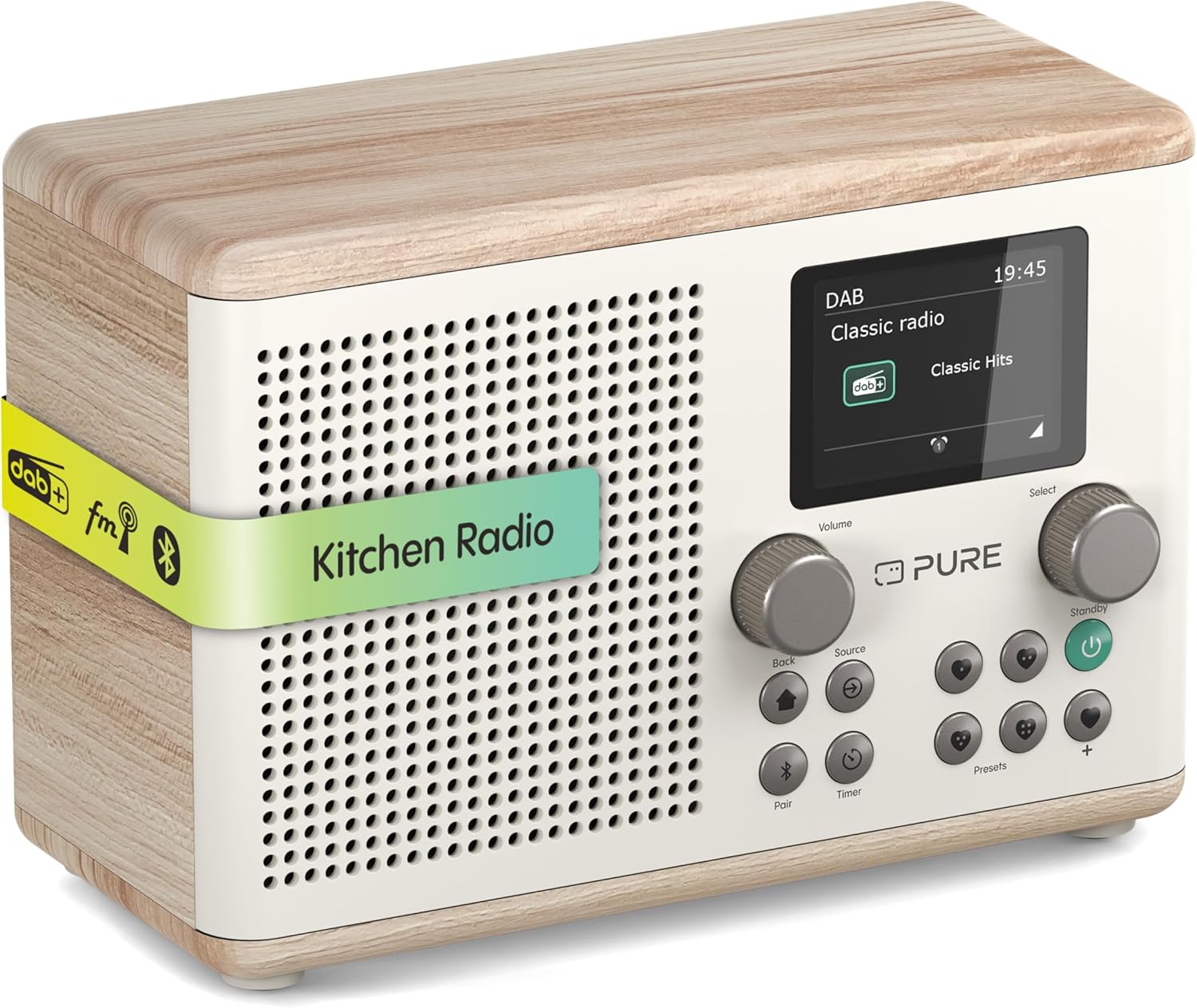 Pure Classic H4 DAB+ Radio – Digitalradio mit Bluetooth 5.3, 10W Lautsprecher, 2.4'' TFT‑Farbdisplay, Küchen‑Timer, Wecker, 80 Sender, AUX‑In, USB, stilvolles Küchenradio Baumwoll Weiß/Eiche