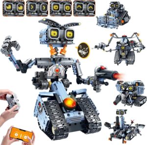 Technik Roboter Bausatz für Kinder mit LED Augen, 5-in-1 App Fernbedienung Roboticset Baustein RC Bulldozer/Panzer/Engineering Spielzeug Geschenk für Jungen Mädchen Teens 8+ Jahre (699 Stück)