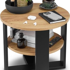 defiPad Couchtisch rund Eiche Ø53 cm - Kleiner Beistelltisch mit Ablage - 2 Ebenen, runder moderner Kaffeetisch im Industrial Design - Hergestellt in der EU