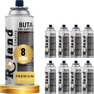 Roland Camping Butan Gaskartusche 227g – 8 Stück Gaskartuschen für Schweißbrenner Gaskocher, Lötbrenner & Heizung – Premium Qualität Butangas für Outdoor & Camping (8 Gas)
