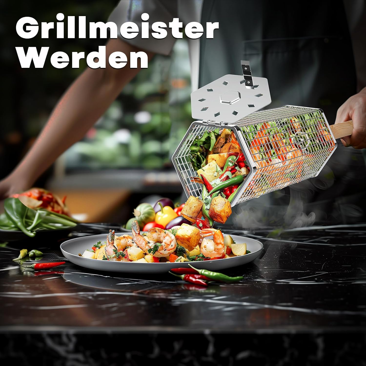 Nestbar Rollender Grillkorb, Abnehmbarer Holzgriff, Edelstahl 304, Outdoor Küche Grill Zubehör für Gemüse, Garten Camping Gadgets für Gasgrill, Geschenke Geburtstagsgeschenk für Männer Papa – Bild 4