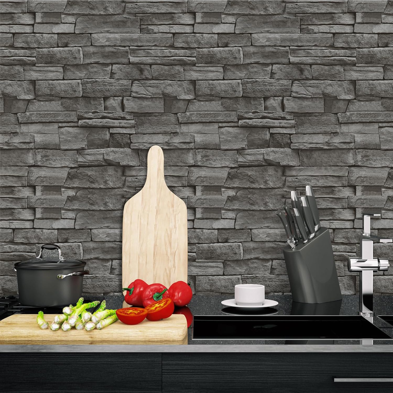 Hode Selbstklebende Tapete Steinoptik 44x600cm, Klebefolie Steinoptik Grau, Selbstklebende Folie Ziegel für Möbel Küche Schlafzimmer, Wandtapete Steintapete Backstein Wohnzimmer Wasserdicht – Bild 4