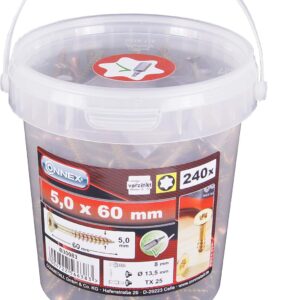 Connex Universalschrauben 5,0 x 60 mm - 240 Stück im Set - Senkkopf - TX Torx-Antrieb - Teilgewinde - Gelb verzinkt - Inkl. Bit / Schrauben-Set / Schrauben-Eimer / B30083