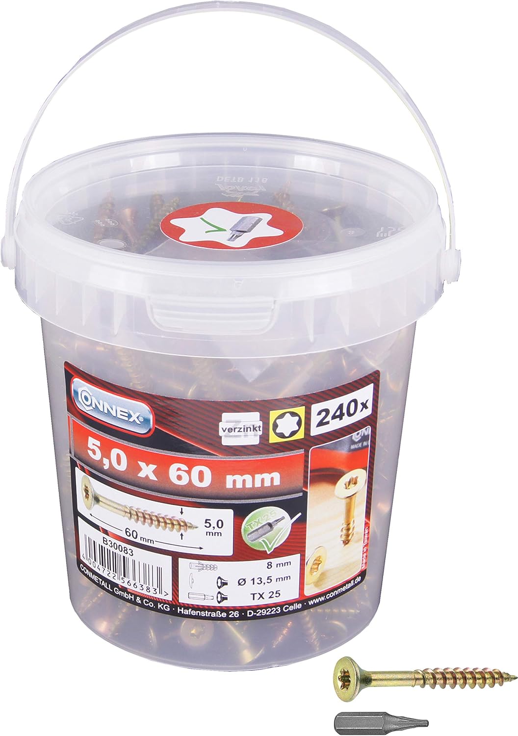 Connex Universalschrauben 4,0 x 40 mm - 500 Stück im Set - Senkkopf - TX-Antrieb - Teilgewinde - Gelb verzinkt - Inkl. Bit / Schrauben-Set / Schrauben-Eimer / B30081 – Bild 5