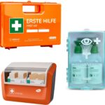 FLEXEO-Erste-Hilfe-Koffer-Set DIN 13157:2021 mit Wandhalterung, mit gefülltem WERO Pflasterspender und FLEXEO Augenspülstation inkl. 2x 500ml Flaschen Kochsalzlösung und Wandhalterung
