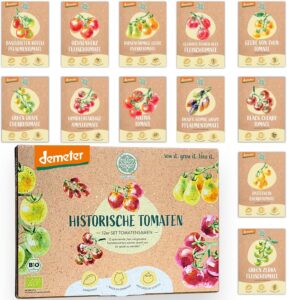 BIO Historisches Tomatensamen Set: 12 Sorten Demeter Tomaten Saatgut | Seltene, alte u. mini Tomatensorten allesamt samenfest | Gemüse Samen für Balkon, Hochbeet, Garten & als Geschenk | Loveplants