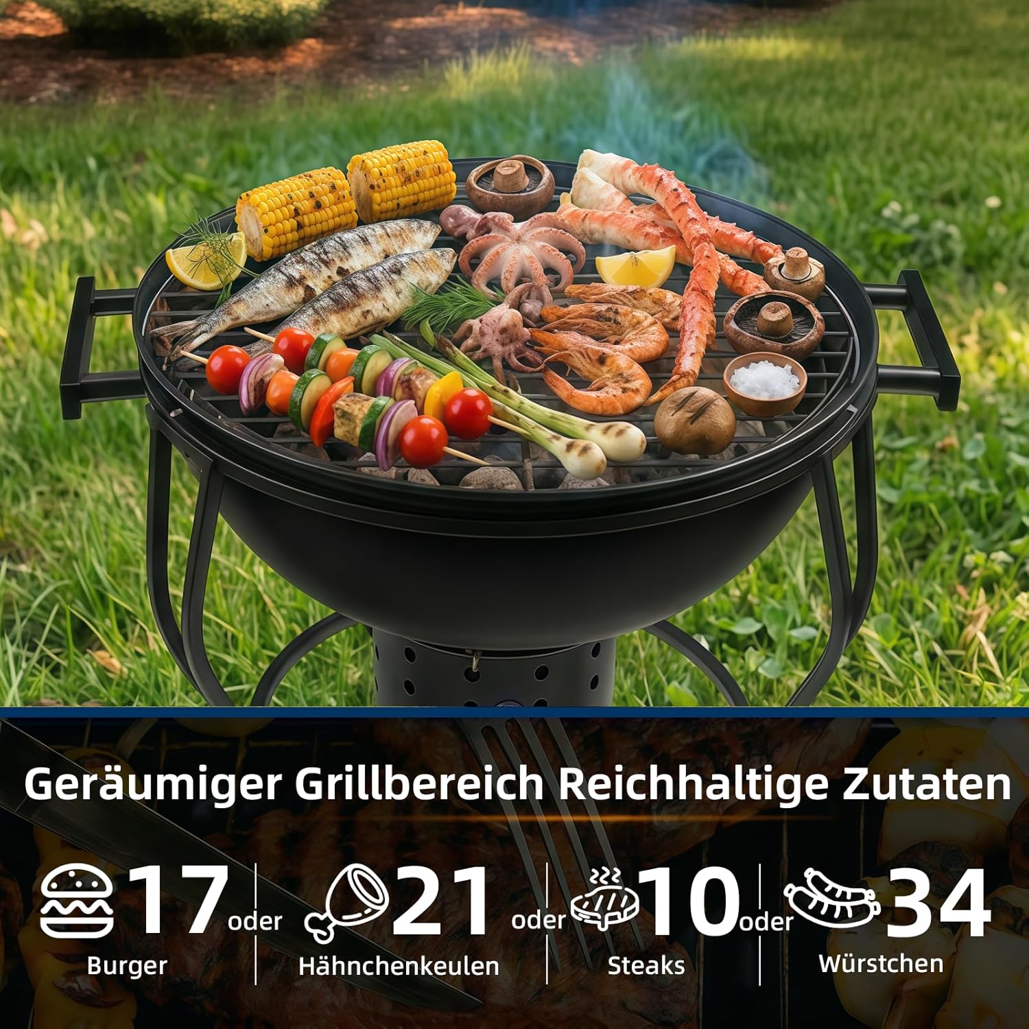 Tragbarer Holzkohlegrill mit Ventilator, Thermometer und regulierbarer Luftzufuhr, kompakter Kettle Grill für Camping, Picknick, Tailgating und Outdoor BBQ – Bild 3