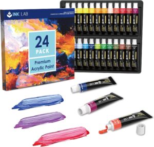 INK LAB Acrylfarben Set 24 x 12 ml, Kompakte Acrylfarbe, Wasserdichte lichtbeständige acrylic paints, Schnelltrocknend mit hoher Pigmentierung für Papier, Leinwand, Ideal für Anfänger und Profis