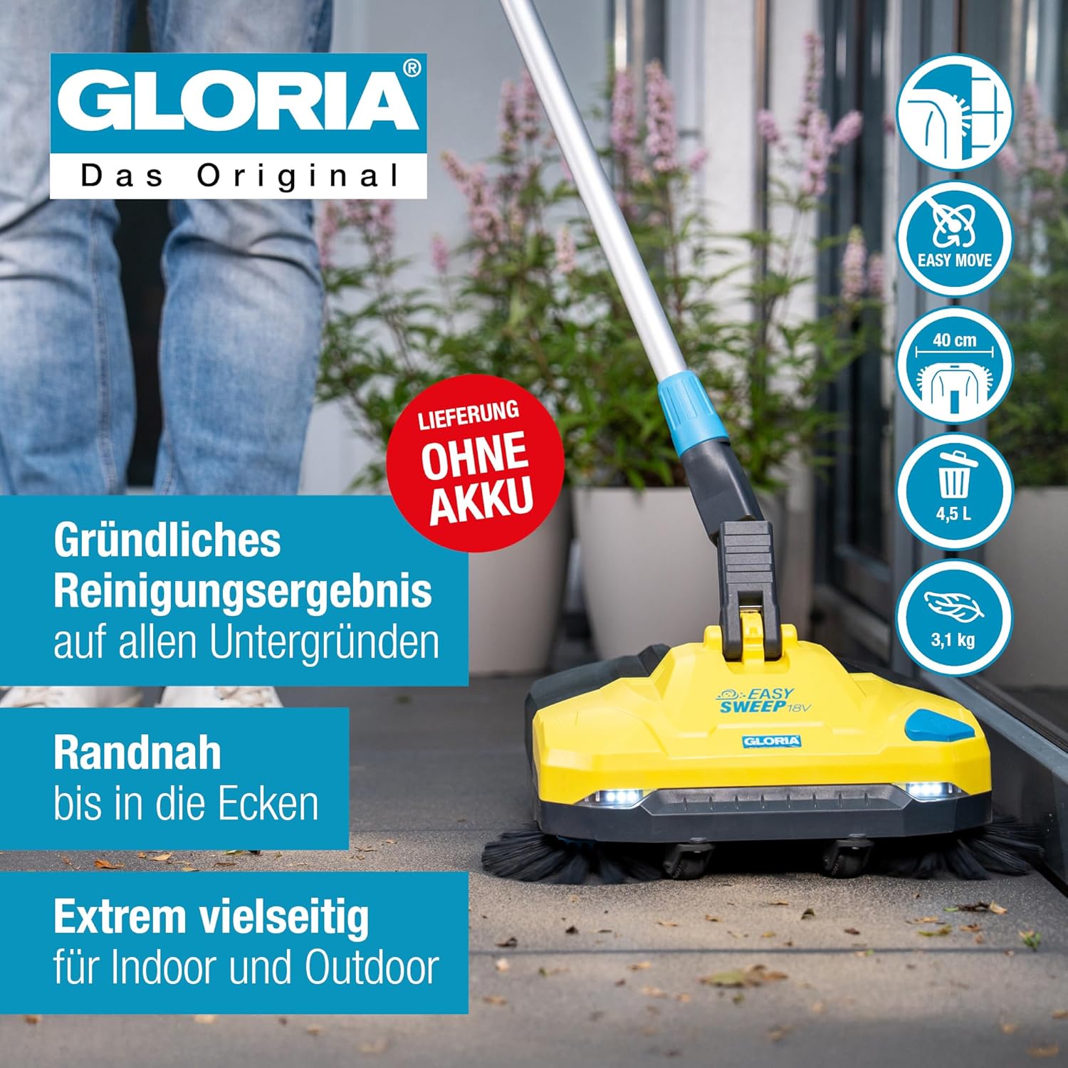 GLORIA Akku-Kehrmaschine EasySweep 18V | Elektrischer Akkubesen & Kehrbesen für Indoor & Outdoor | Einfahrt, Terrasse & Garage | 40cm Arbeitsbreite | Kompatibel mit Bosch 18V Akku (Nicht enthalten) – Bild 2