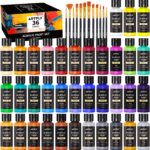 ARTFLY Acrylfarben Set, 36 Farben (2oz/60ml), 12 Pinseln, ungiftig, Acryl Farben wasserfest Reiche Pigmente für Künstler, Student, Erwachsene auf Steine, Leinwand, Holz, Ton, Keramik, Kunsthandwerk
