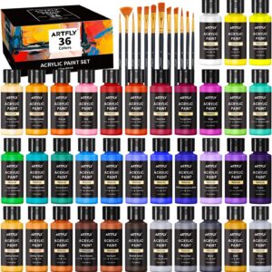 ARTFLY Acrylfarben Set, 36 Farben (2oz/60ml), 12 Pinseln, ungiftig, Acryl Farben wasserfest Reiche Pigmente für Künstler, Student, Erwachsene auf Steine, Leinwand, Holz, Ton, Keramik, Kunsthandwerk