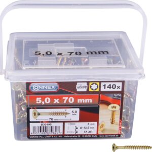 Connex Universalschrauben 5,0 x 70 mm - 160 Stück im Set - Senkkopf - TX-Antrieb - Teilgewinde - Gelb verzinkt / Schrauben-Set / Schrauben-Eimer / B30195