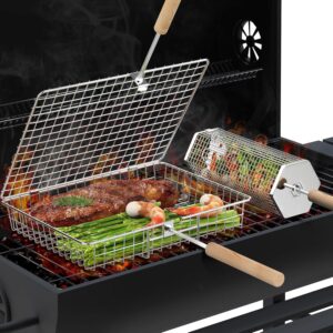 Nestendes Rollendes Grillkorb Set (Rechteck+Sechseckig), Abnehmbarer Holzgriff, Edelstahl 304, Grill Zubehör für Gemüse Garnelen, Outdoor Camping Gasgrill, Geschenke für Männer Ehemann Papa