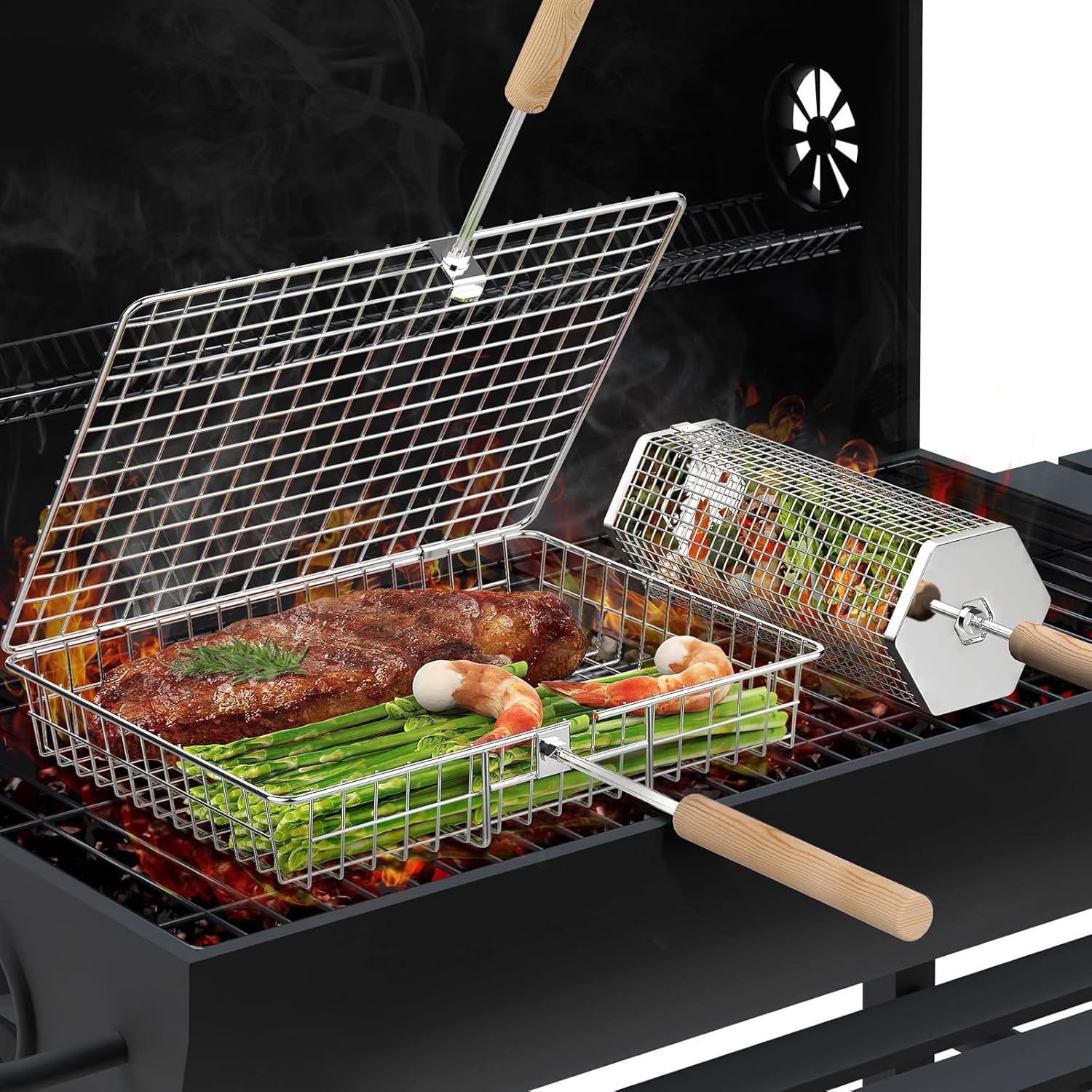 Nestendes Rollendes Grillkorb Set (Rechteck+Sechseckig), Abnehmbarer Holzgriff, Edelstahl 304, Grill Zubehör für Gemüse Garnelen, Outdoor Camping Gasgrill, Geschenke für Männer Ehemann Papa