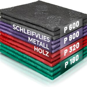 S&R Schleifvlies-Pads – 12er Set Schleifvliesmatten, Schleiffleece für Metall, Holz, Stahl & Edelstahl, Schleif-Fleece zum Schleifen & Polieren, Körnung P180-P320-P600-P800