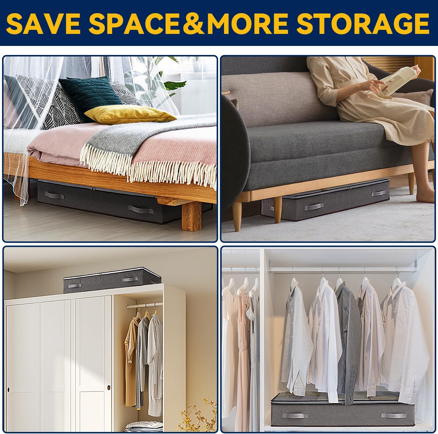 AIOR 2 Stück 60L Unterbettkommode mit Sichtfenster, Faltbare Unterbett-Aufbewahrungstasche Kleideraufbewahrung, Decken Organisator Lagerbehälter, 80x50x15cm – Bild 5