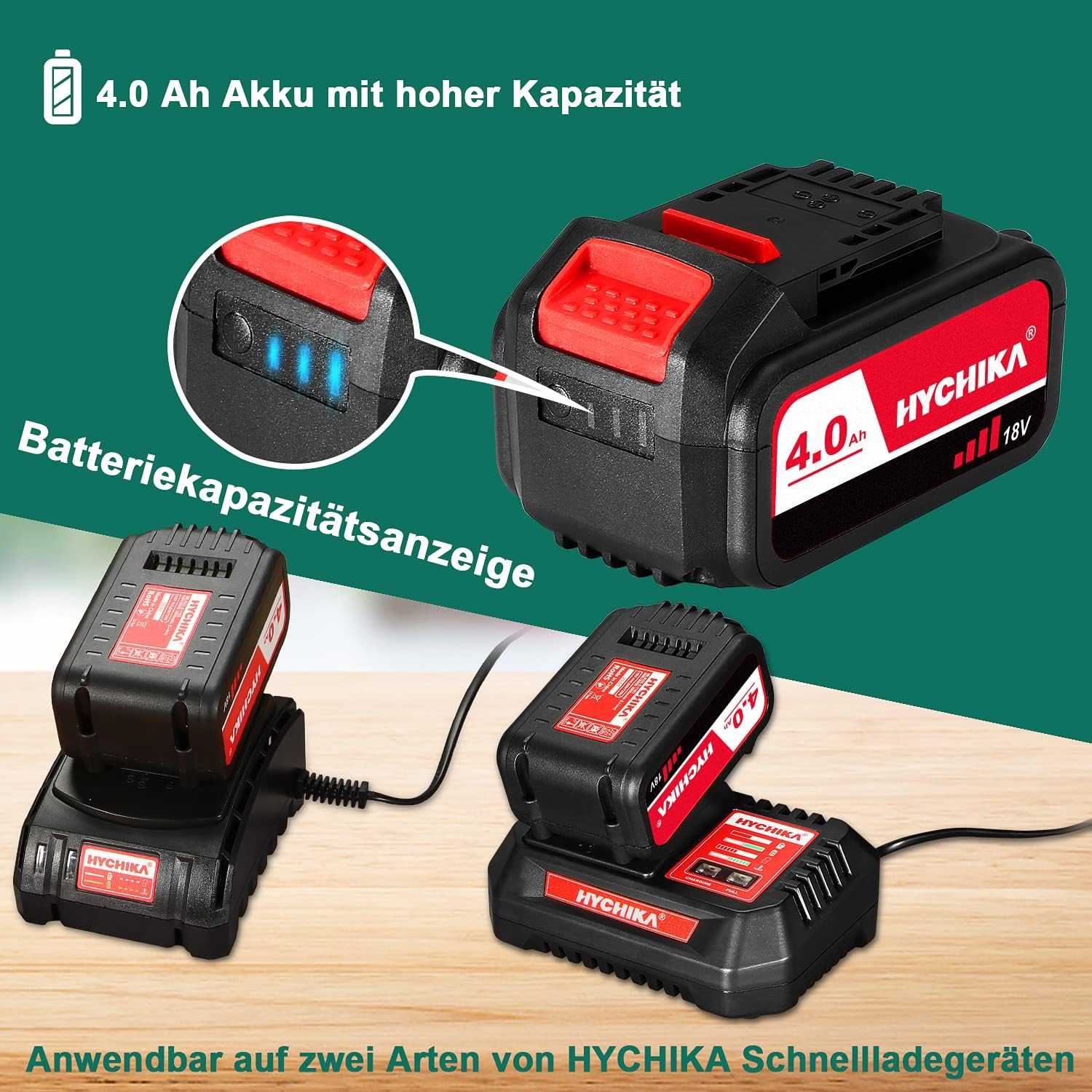 HYCHIKA Akku 4000mAh 18V, Lithium Batterie für HYCHIKA 18V Werkzeuge, Säbelsäge, Akku Schlagschrauber und Bürstenloser Akkuschrauber, NICHT für 18V Akkuschrauber DD-18BC – Bild 2