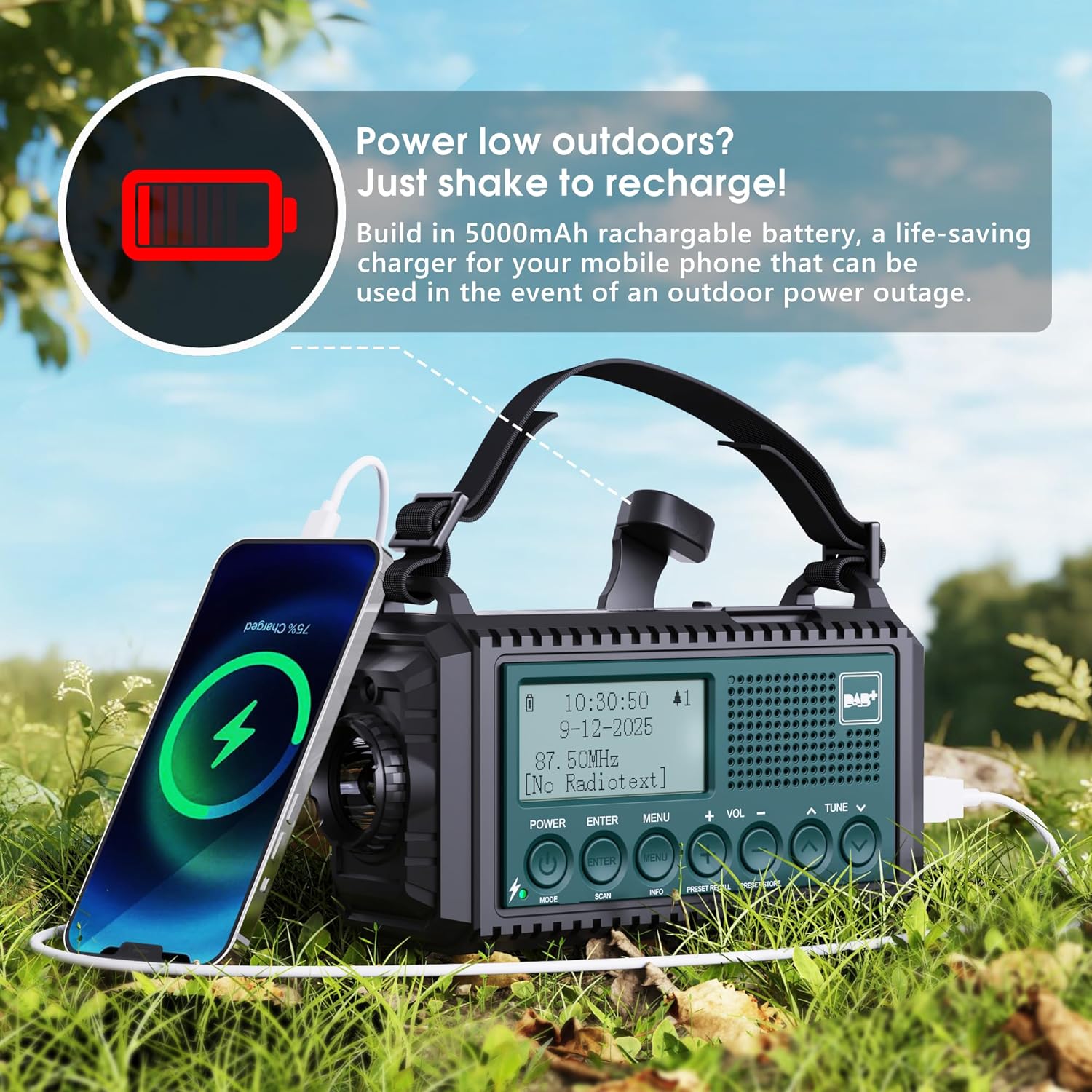 Kurbelradio DAB/DAB+/UKW, Baustellenradio Radio Batteriebetrieben, Tragbare Solar Notfallradio mit 5000mAh Wiederaufladbare Akku, LED Taschenlampe & Leselicht, IPX4, SOS-Alarm für Outdoor, Camping – Bild 5