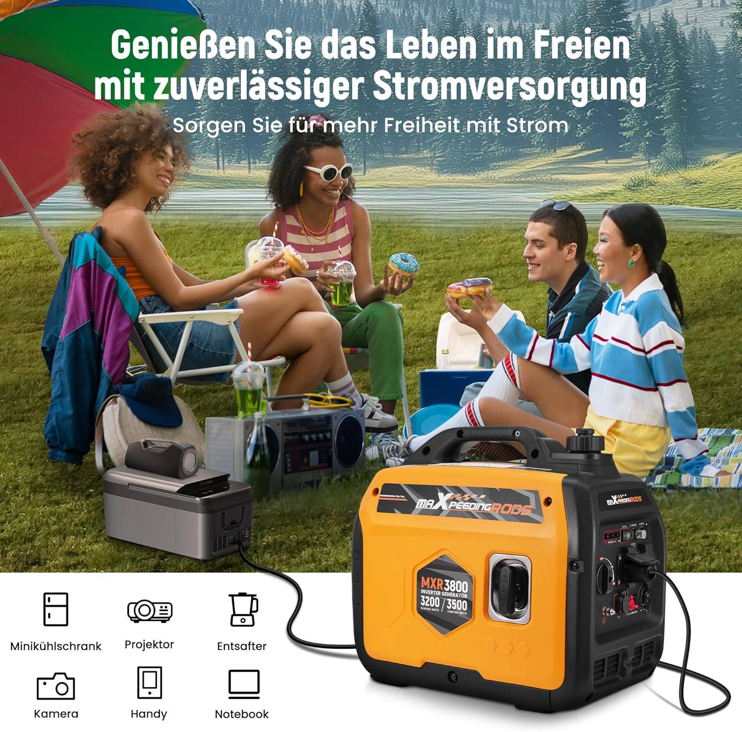 maXpeedingrods Inverter Stromerzeuger 3500W Superleise, Leicht und Mobil Benzin Notstromaggregat Stromgenerator, ECO-Modus mit 2x 230V / 2x USB / 1x 12V DC Steckdosen für RV Camping Festivals, Reise – Bild 4