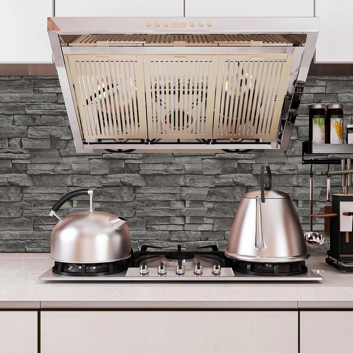 Hode Selbstklebende Tapete Steinoptik 44x600cm, Klebefolie Steinoptik Grau, Selbstklebende Folie Ziegel für Möbel Küche Schlafzimmer, Wandtapete Steintapete Backstein Wohnzimmer Wasserdicht – Bild 5