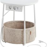 VASAGLE Beistelltisch rund, Kleiner Tisch, Couchtisch mit Steckdose, Wohnzimmertisch, Korb aus Stoff, Stauraum für Wohnzimmer Schlafzimmer, Nachttisch modern, mattweiß-Kamelbraun LET228W02
