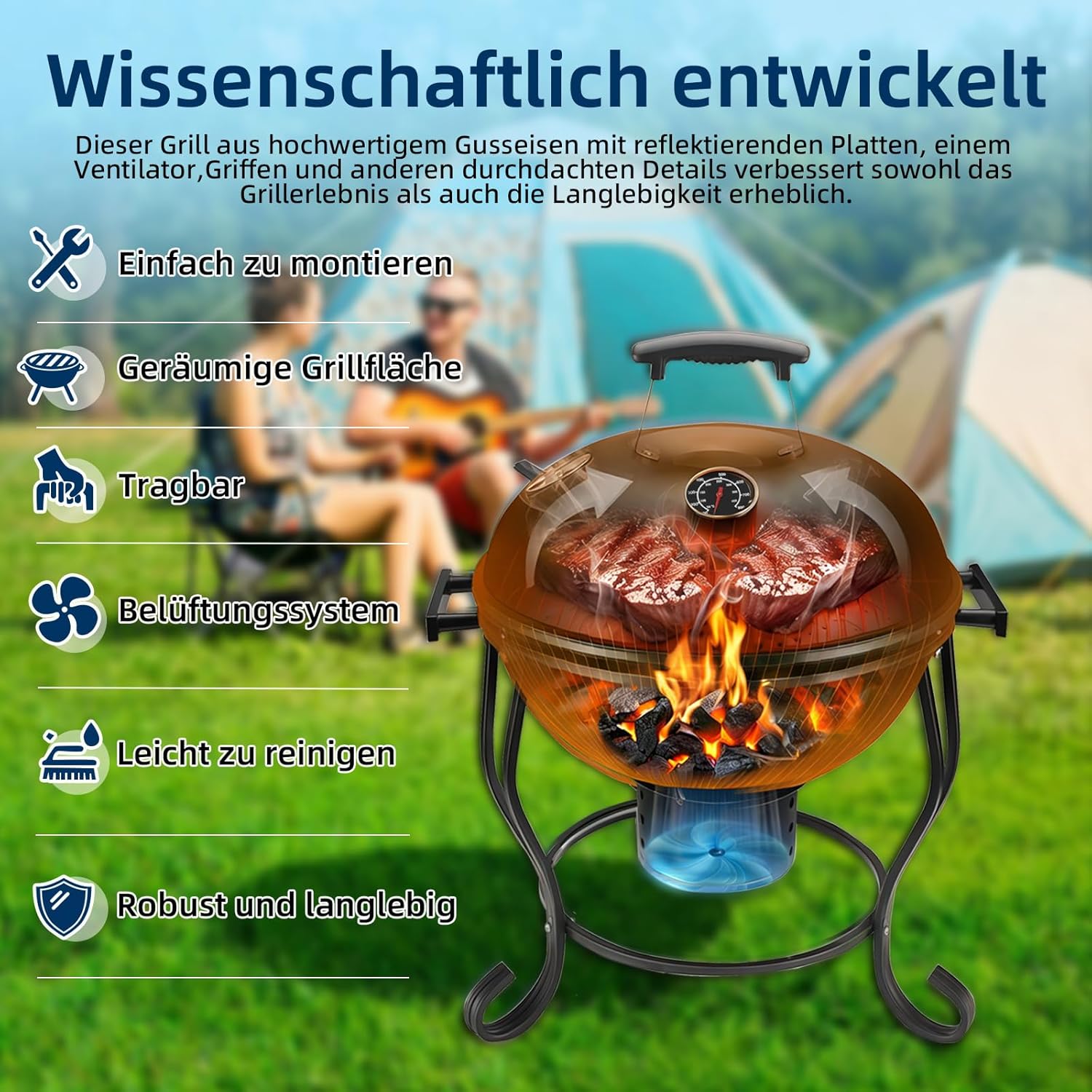 Tragbarer Holzkohlegrill mit Ventilator, Thermometer und regulierbarer Luftzufuhr, kompakter Kettle Grill für Camping, Picknick, Tailgating und Outdoor BBQ – Bild 2