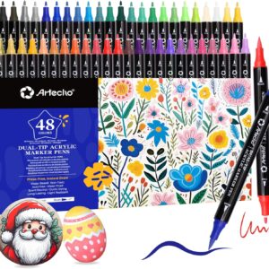 Artecho Acrylstifte 48 Farben, 0.5-5mm Wasserfester Dual Tip Marker (Pinsel und feine Spitze), mit doppelten Enden für Rock Painting, Glas, Papier, Holz, Ei, Leinwand, Keramik, Stoff, DIY Crafts