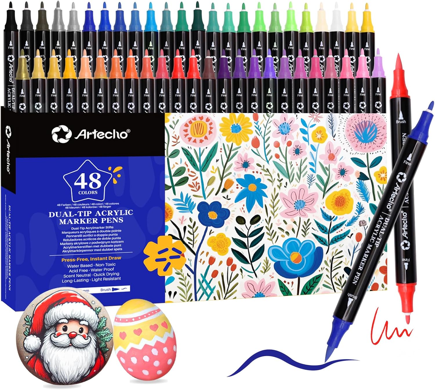 Artecho Acrylstifte 48 Farben, 0.5-5mm Wasserfester Dual Tip Marker (Pinsel und feine Spitze), mit doppelten Enden für Rock Painting, Glas, Papier, Holz, Ei, Leinwand, Keramik, Stoff, DIY Crafts