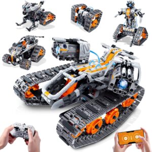 Technik Roboter für Kinder mit LED Licht, 5-in-1 APP und Fernbedienung Bausatz RC Robot/Tracked/Racer/Technic Panzer/Auto Schlitten, Wiederaufladbar Geschenk für Jungen und Mädchen 6–12 Jahren