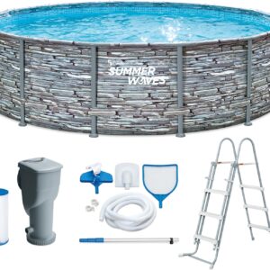 Summer Waves Frame Pool Komplettset | Rund 427x107 cm Steinoptik Grau | Aufstellpool Set | Gartenpool & Schwimmbecken inkl. Filterpumpe