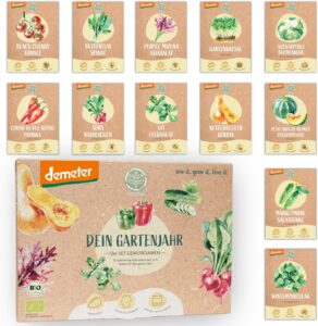 BIO Gartenjahr Gemüse Samen Set - 12 Sorten Demeter Gemüse Saatgut für das ganze Jahr | Seltene u. alte Gemüsesamen allesamt samenfest | Für Balkon, Hochbeet, Garten & als Geschenk | Loveplants